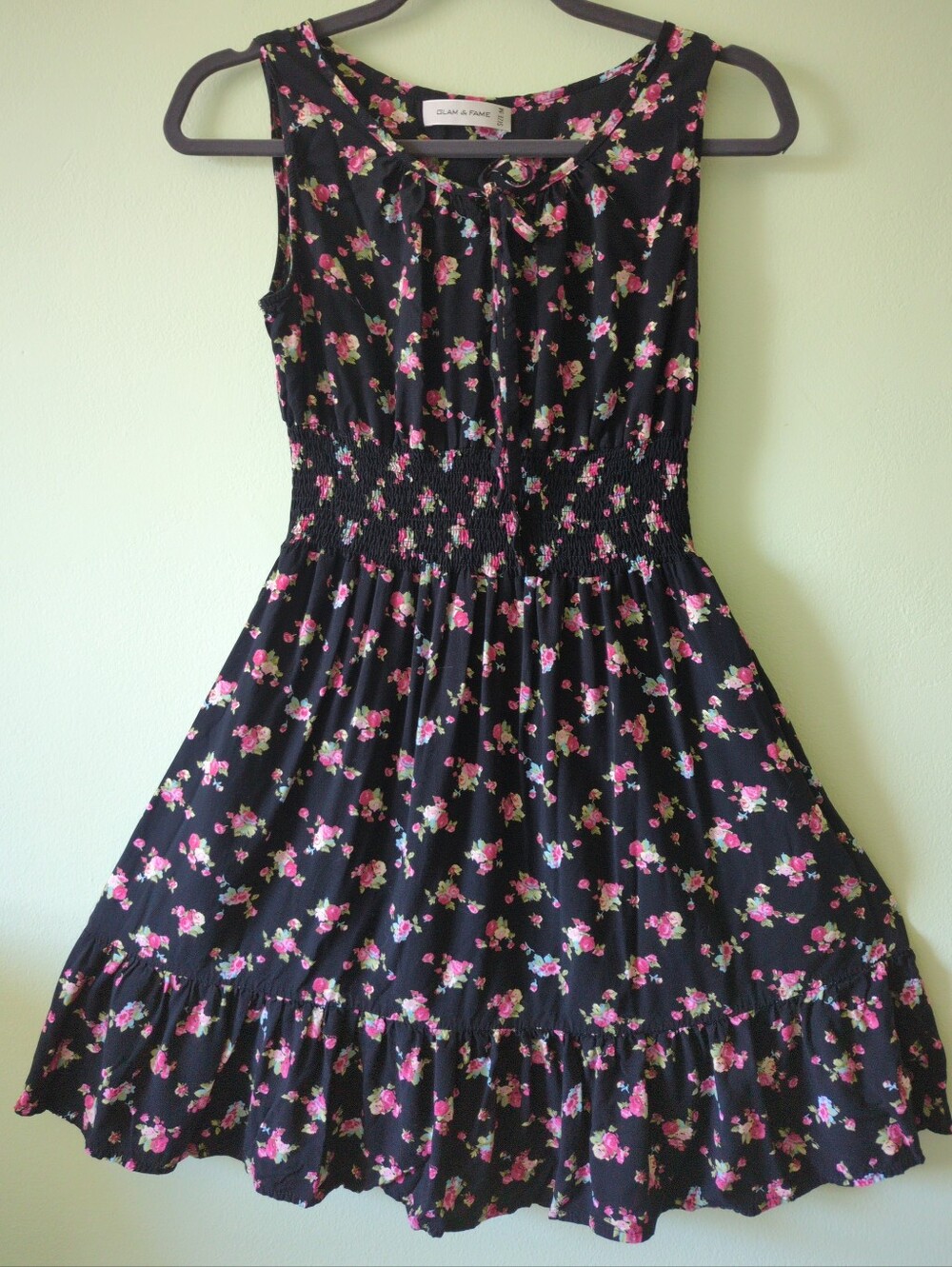 Glam And Fame Small Black Floral Fit And Flare Mini Dress Smocked Shirred